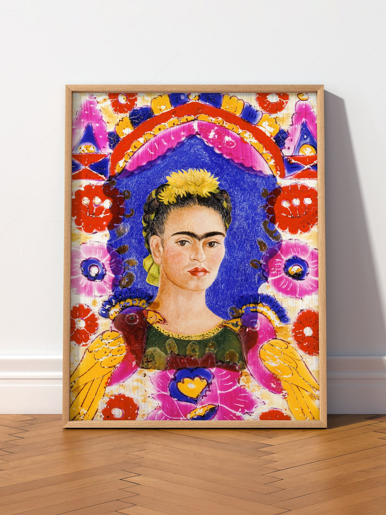 Frida Kahlo art print as wall decor in a minimalist home office
