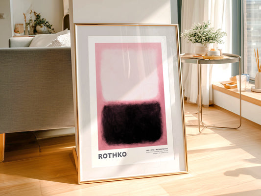 Mark Rothko Pink and Black Exhibition wall art print displayed in a bright modern living room