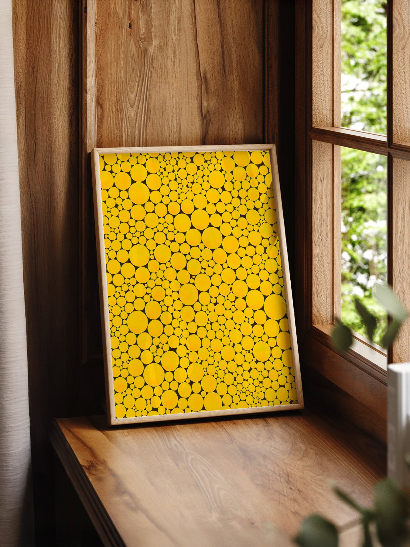 Yayoi Kusama Yellow Dots print styled in a mid-century modern dining room
