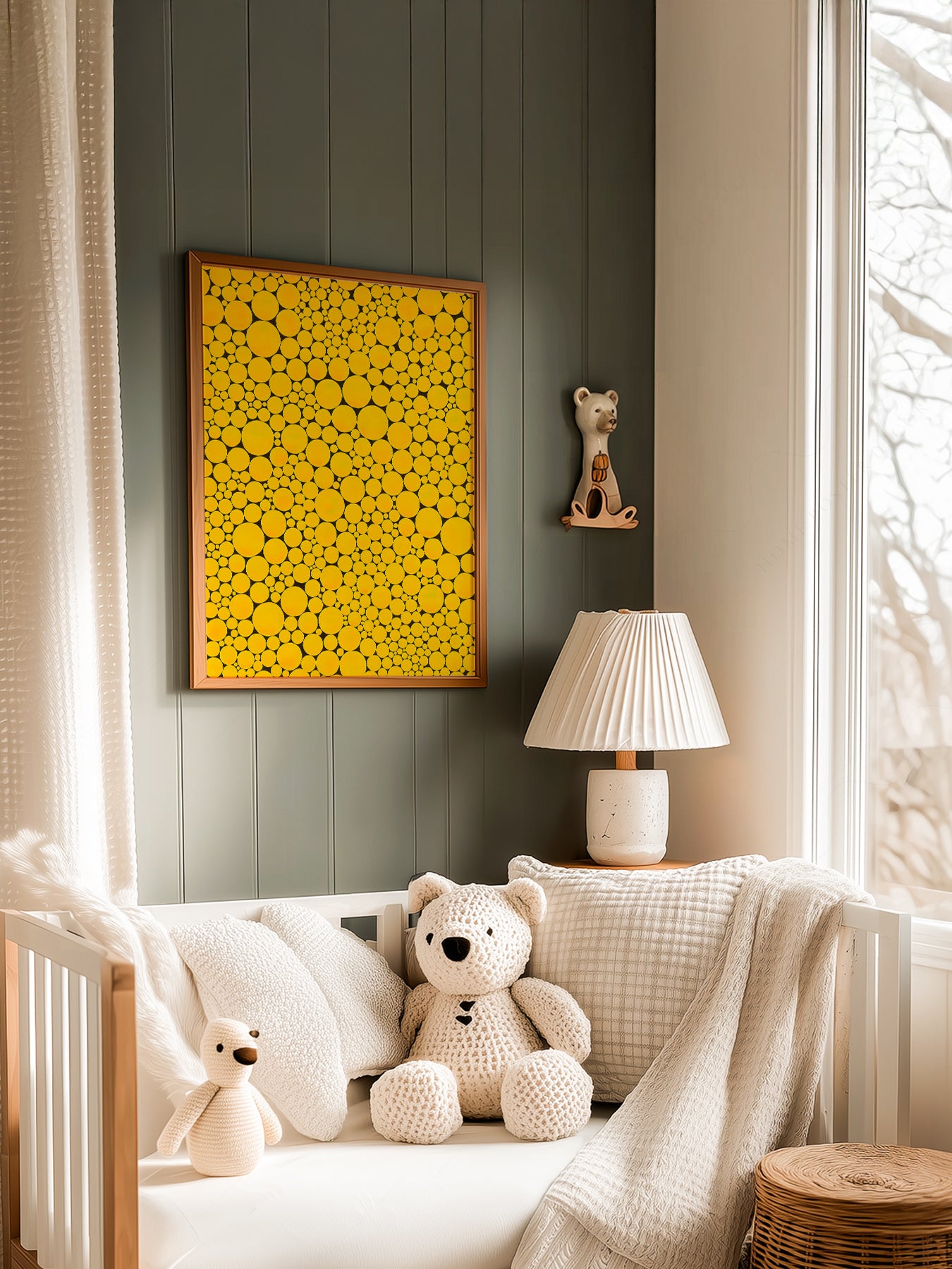 Yayoi Kusama Yellow Dots in a light-filled Japandi-inspired living space