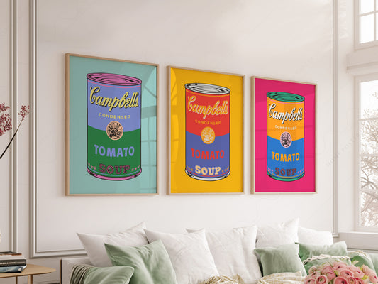 Pop Art Tomato Soup Print Set of 3 – Colorful Retro Kitchen Wall Art