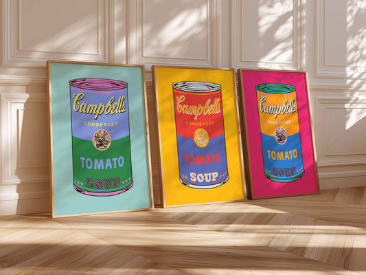 Pop Art Tomato Soup Print Set of 3 – Colorful Retro Kitchen Wall Art
