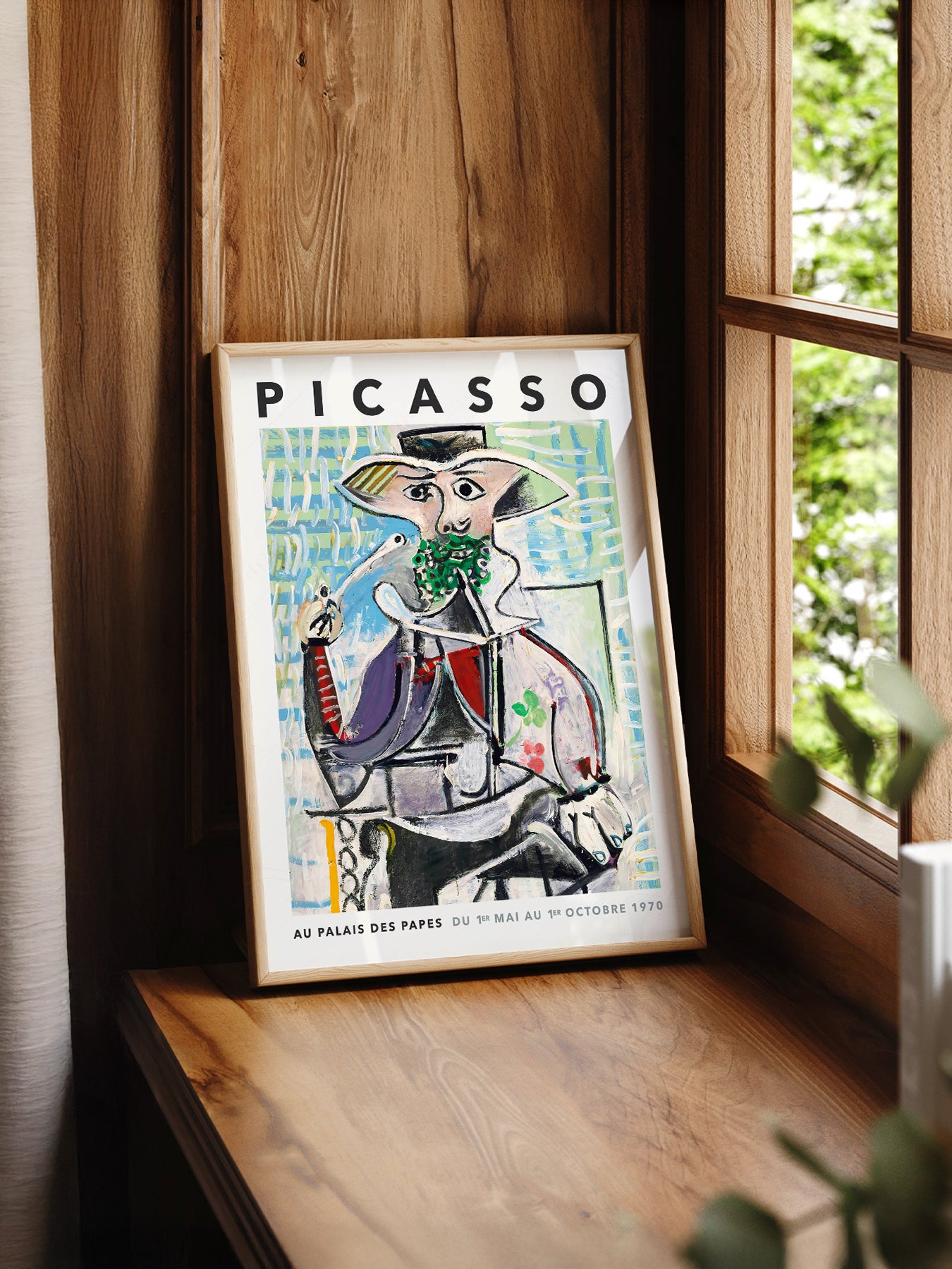Pablo Picasso Homme à la Pipe print styled in a mid-century modern dining room