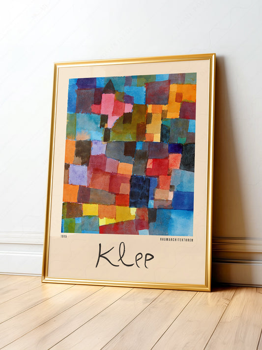 Paul Klee Raumarchitekturen abstract art print featuring colorful watercolor geometric shapes in Bauhaus style.