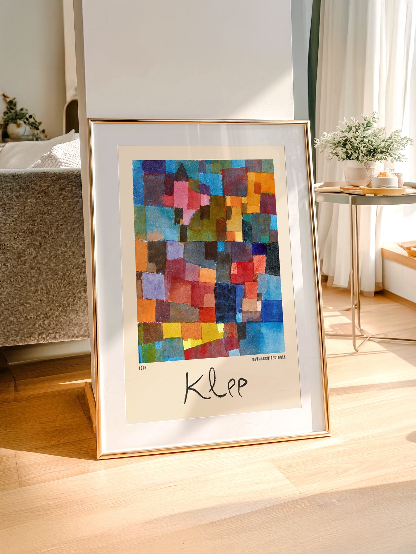 Paul Klee art print styled in a Scandinavian bedroom