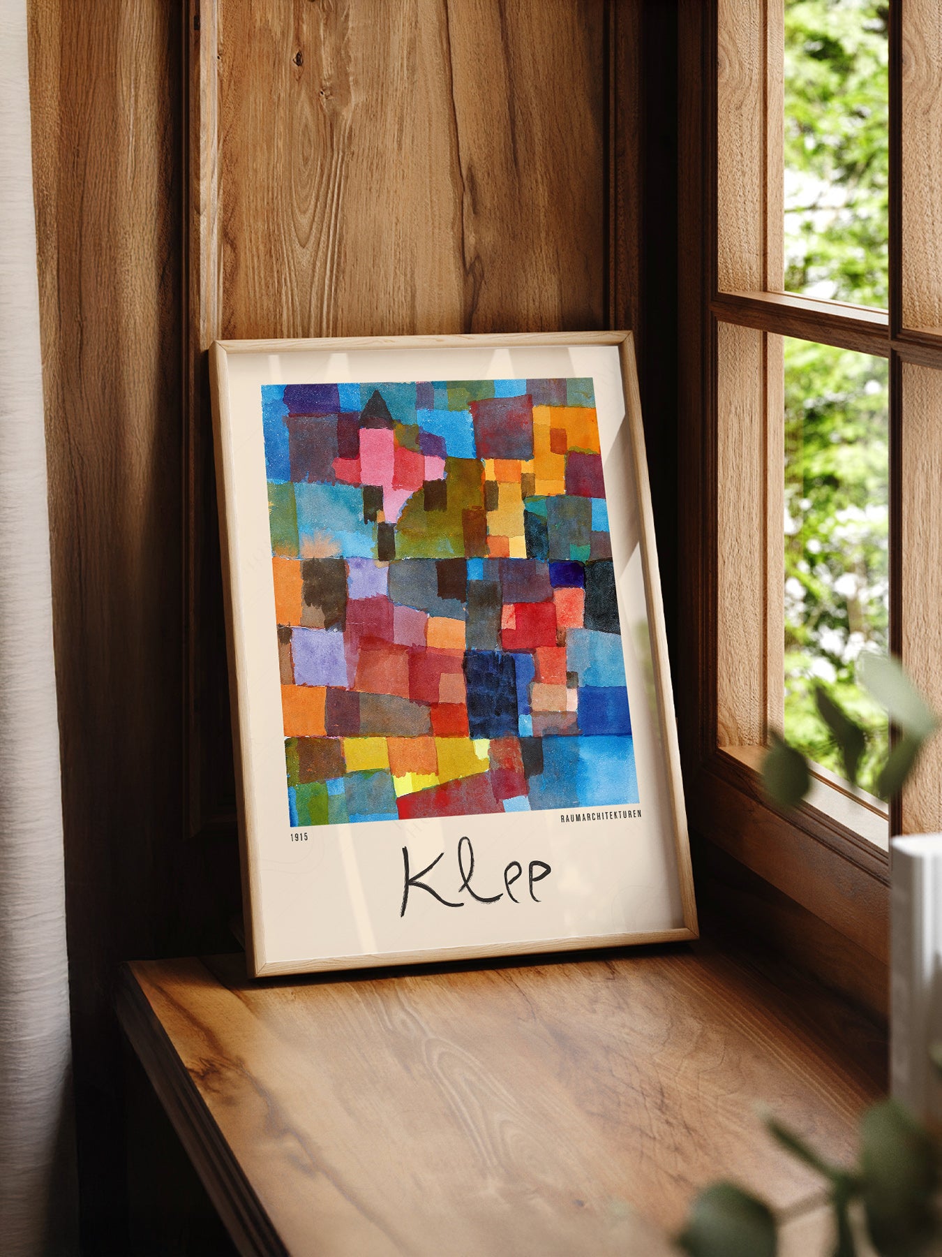 Paul Klee Raumarchitekturen print styled in a mid-century modern dining room