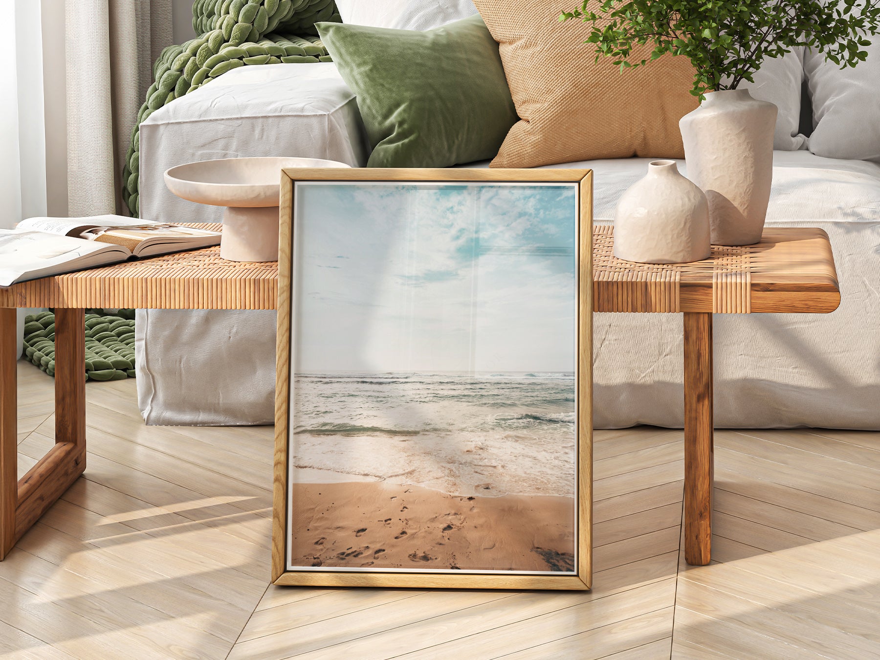 Coastal Serenity beach photography wall art print featuring gentle ocean waves and sandy shoreline with footprints.
