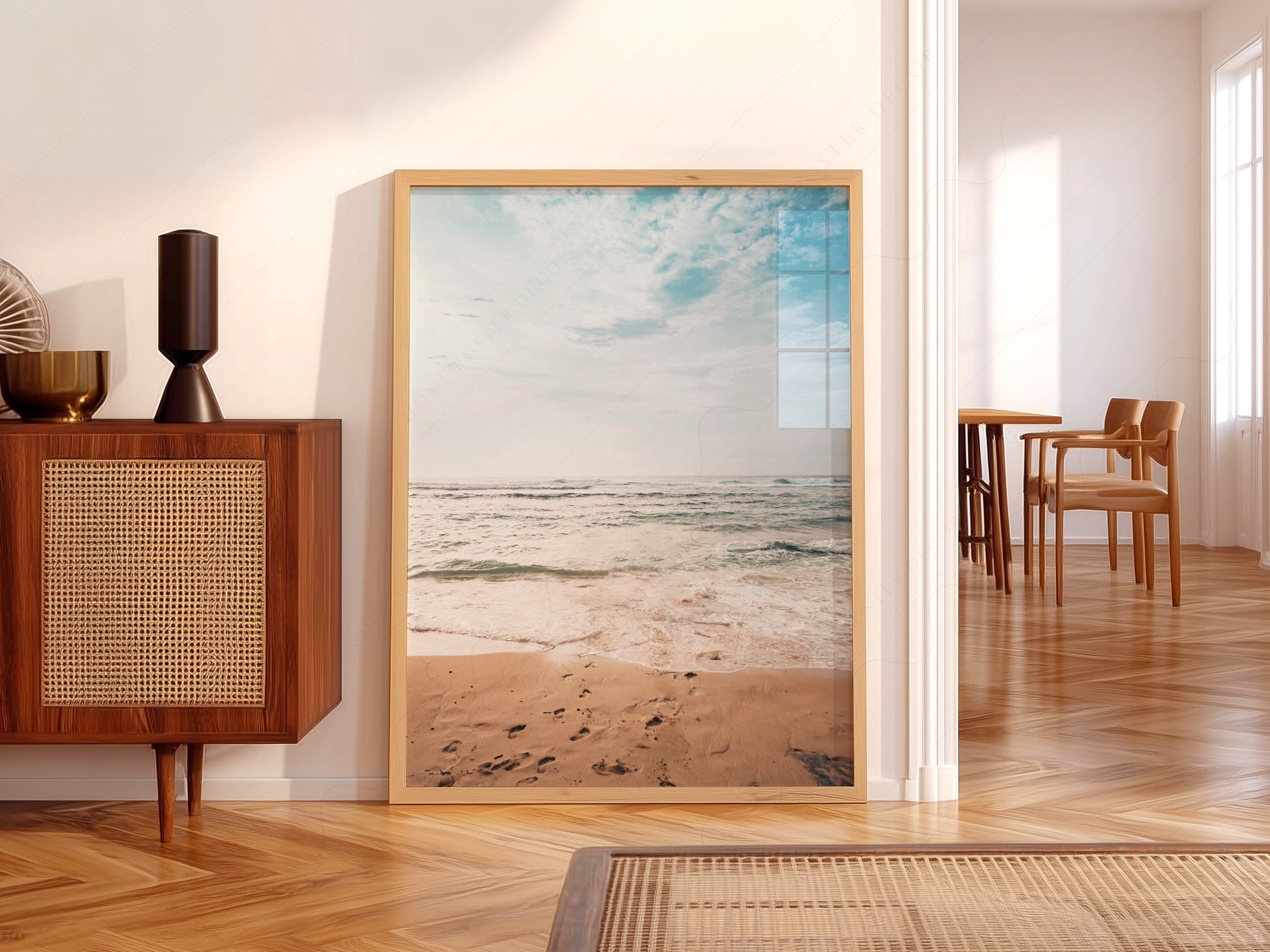 Coastal Serenity Beach Photography photography print displayed in a bright coastal living room