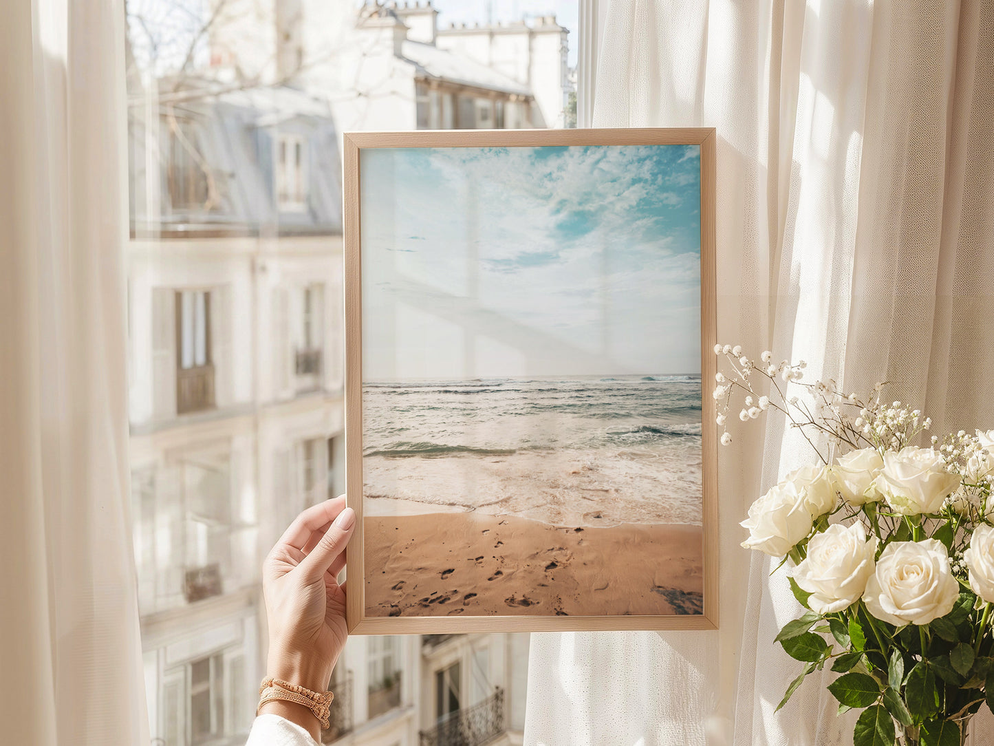 Coastal Serenity Beach Photography displayed in a light-filled home study or hallway