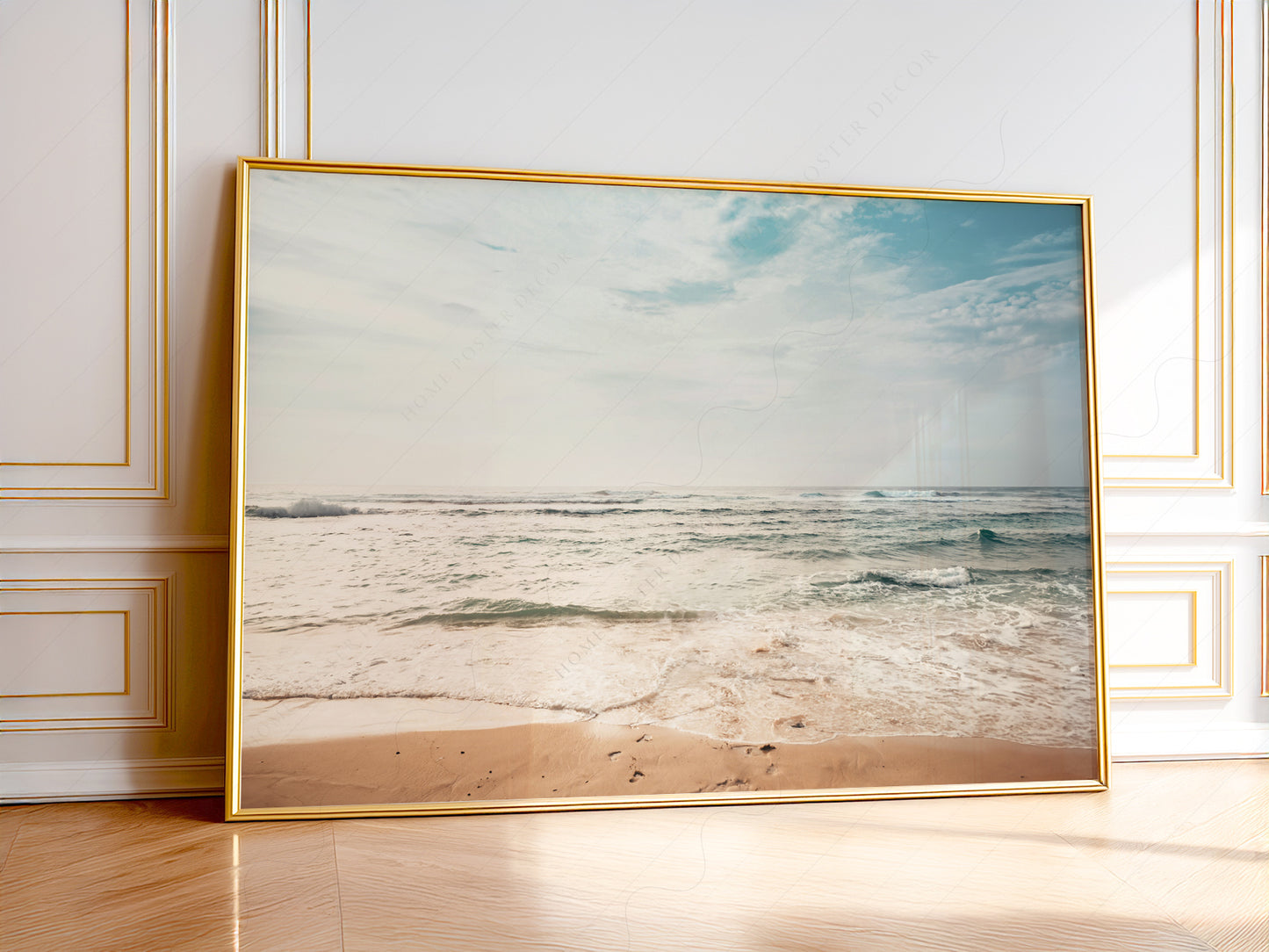 Coastal beach photography wall art print featuring gentle ocean waves rolling onto sandy shore under soft cloudy sky.