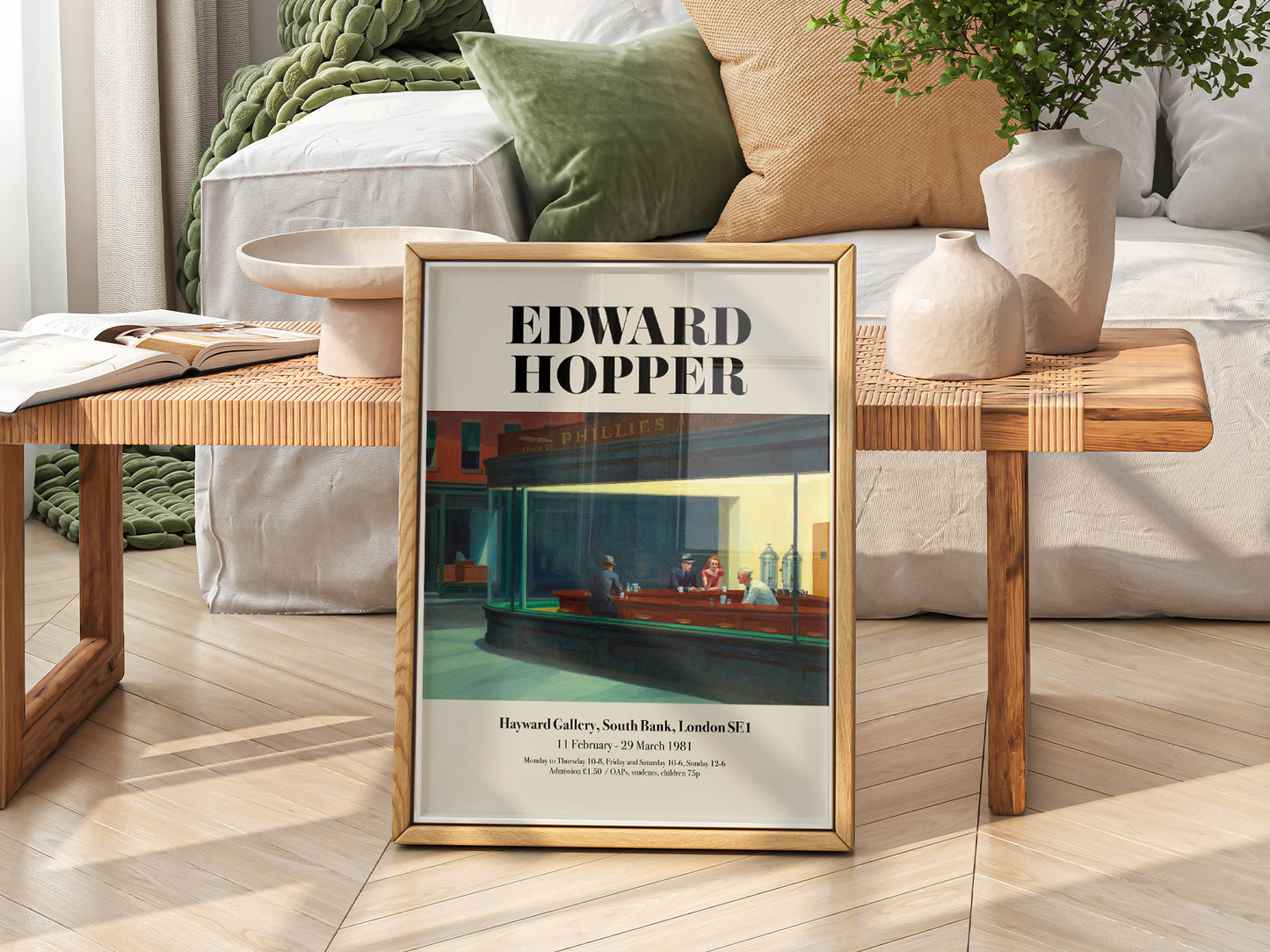 Edward Hopper Nighthawks Exhibition print styled in a mid-century modern dining room