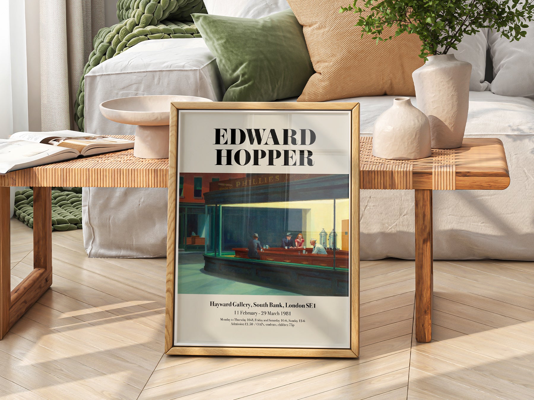 Edward Hopper Nighthawks Exhibition print styled in a mid-century modern dining room