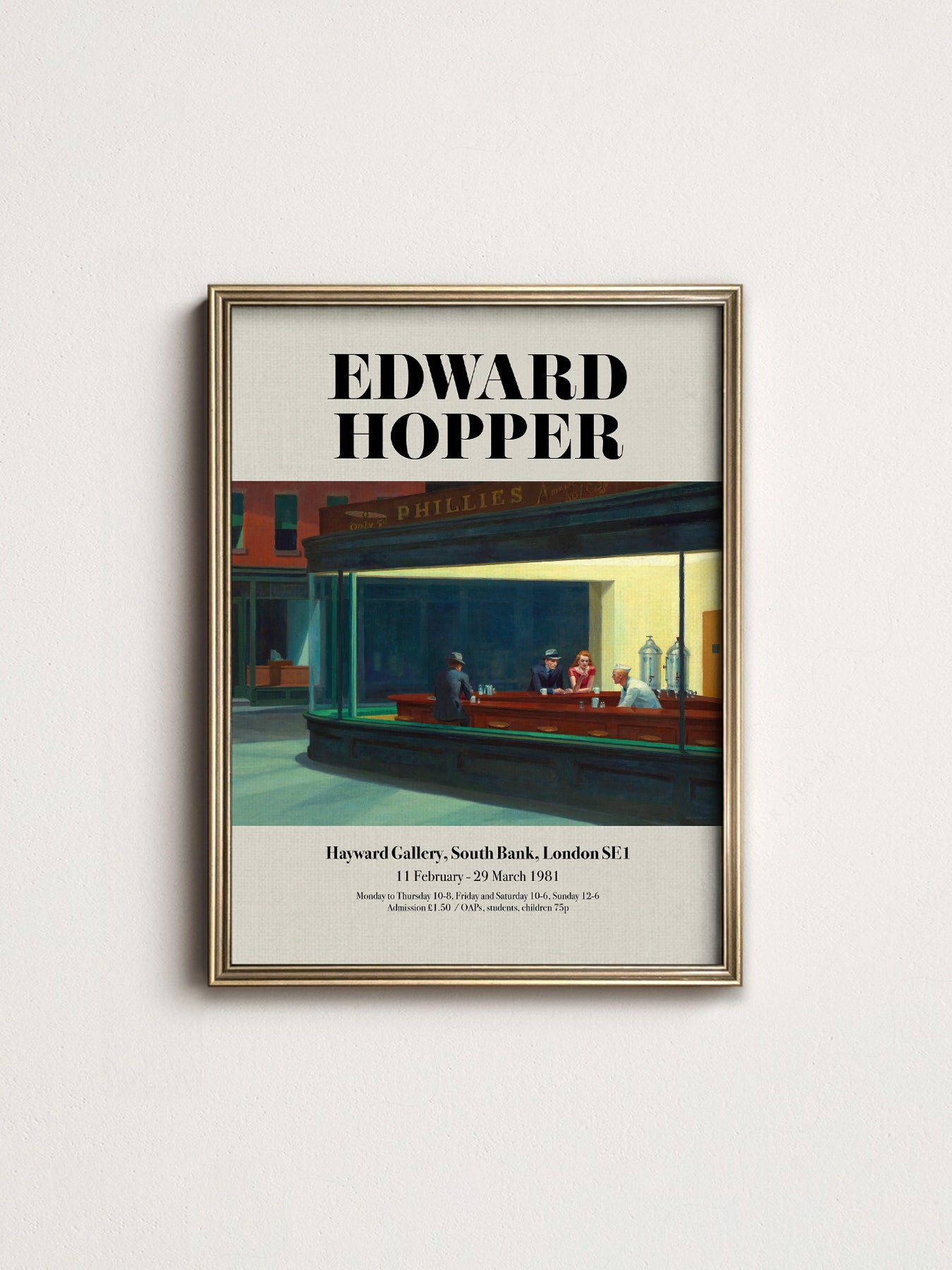 Multiple size options for Edward Hopper Nighthawks Exhibition wall art print display