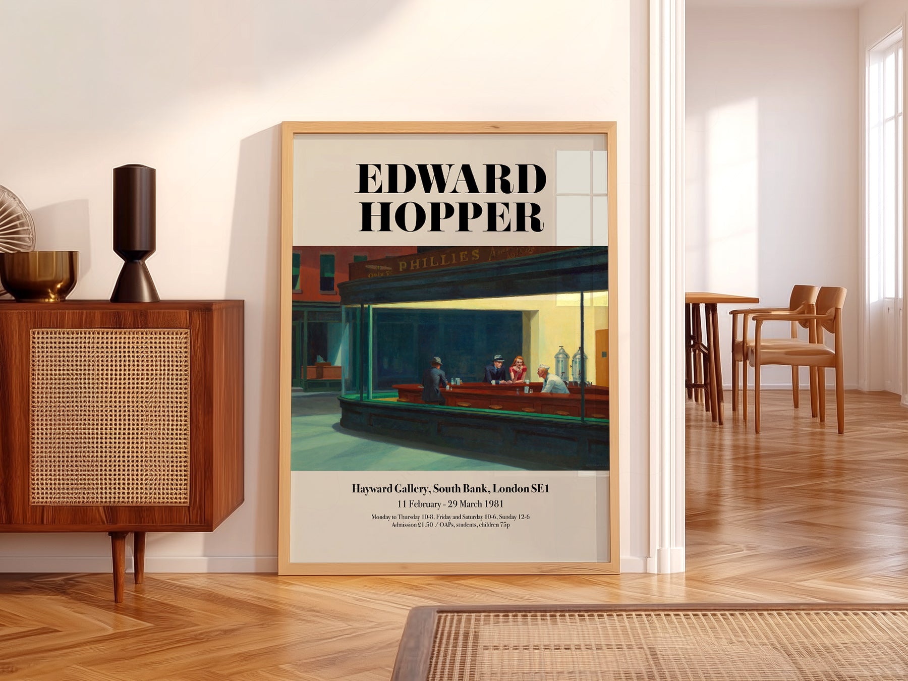 Edward Hopper Nighthawks Exhibition wall art print displayed in a bright modern living room