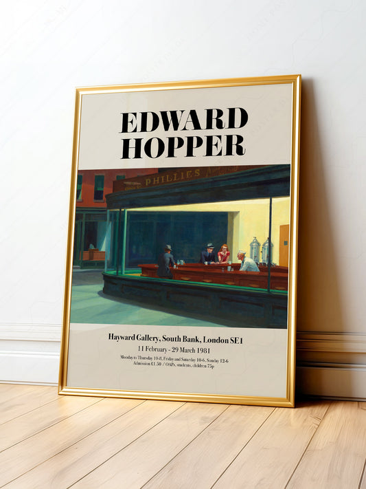 Edward Hopper Nighthawks exhibition poster from Hayward Gallery 1981 featuring the iconic late-night diner scene.