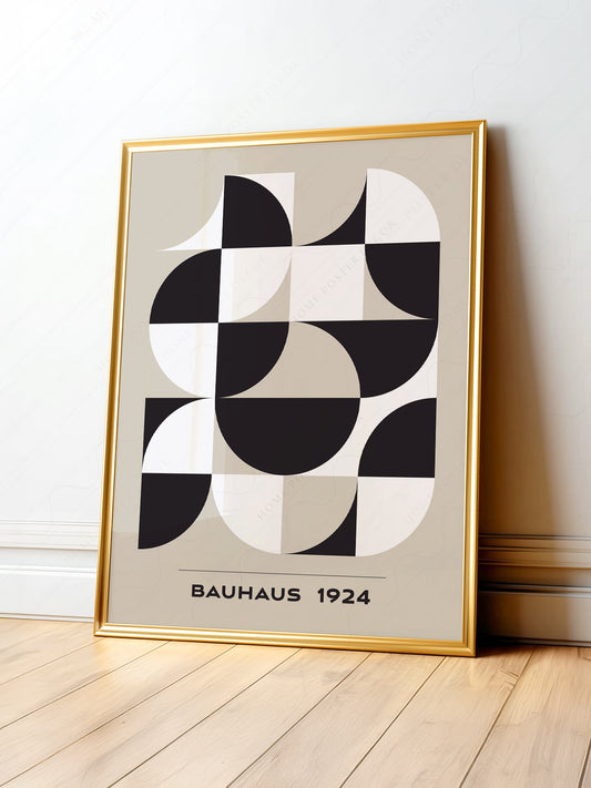 Bauhaus 1924 geometric art print featuring black and white quarter-circles on a beige background in modernist style.
