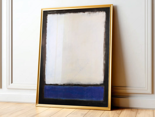 Mark Rothko untitled abstract art print featuring white and blue color fields on a black background.