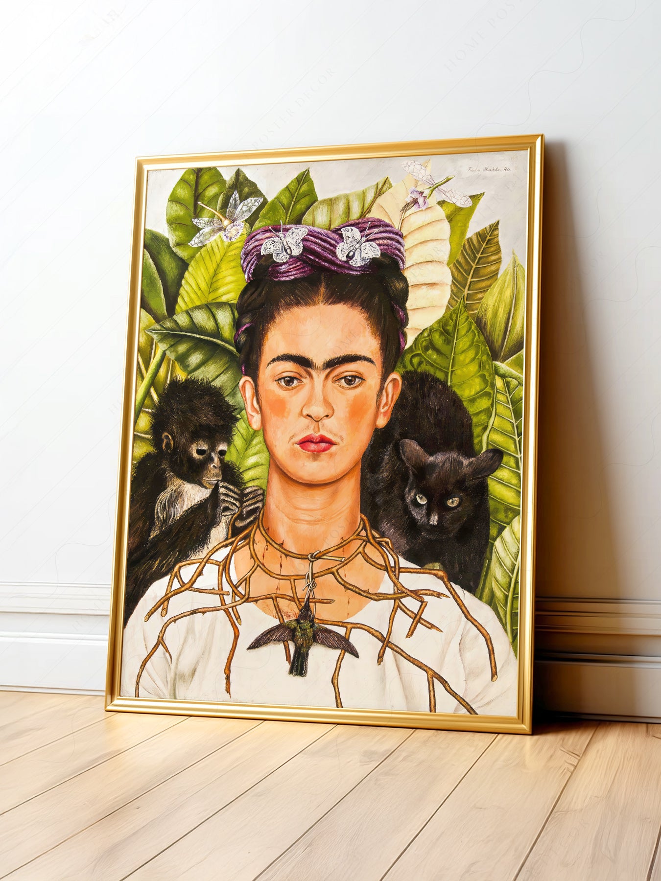 Frida Kahlo Self-Portrait with Thorn Necklace and Hummingbird art print featuring monkey and tropical leaves.