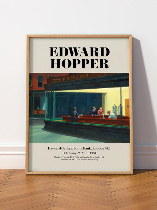 Edward Hopper Nighthawks Exhibition wall art print displayed in a bright modern living room