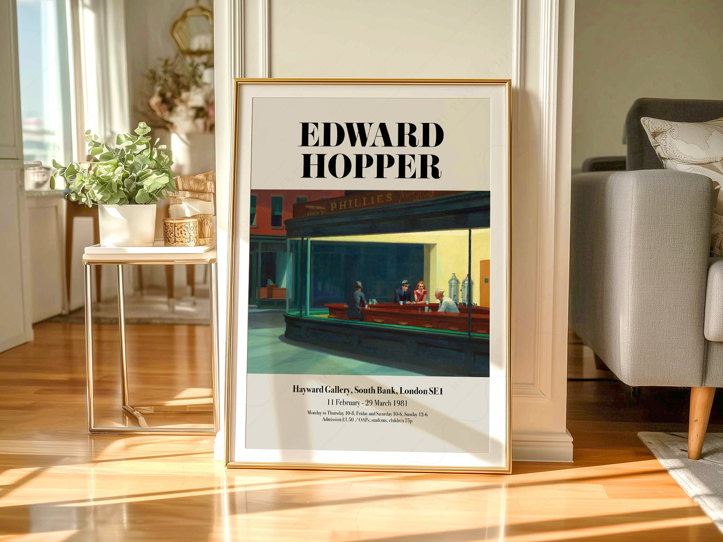 Edward Hopper art print styled in a Scandinavian bedroom