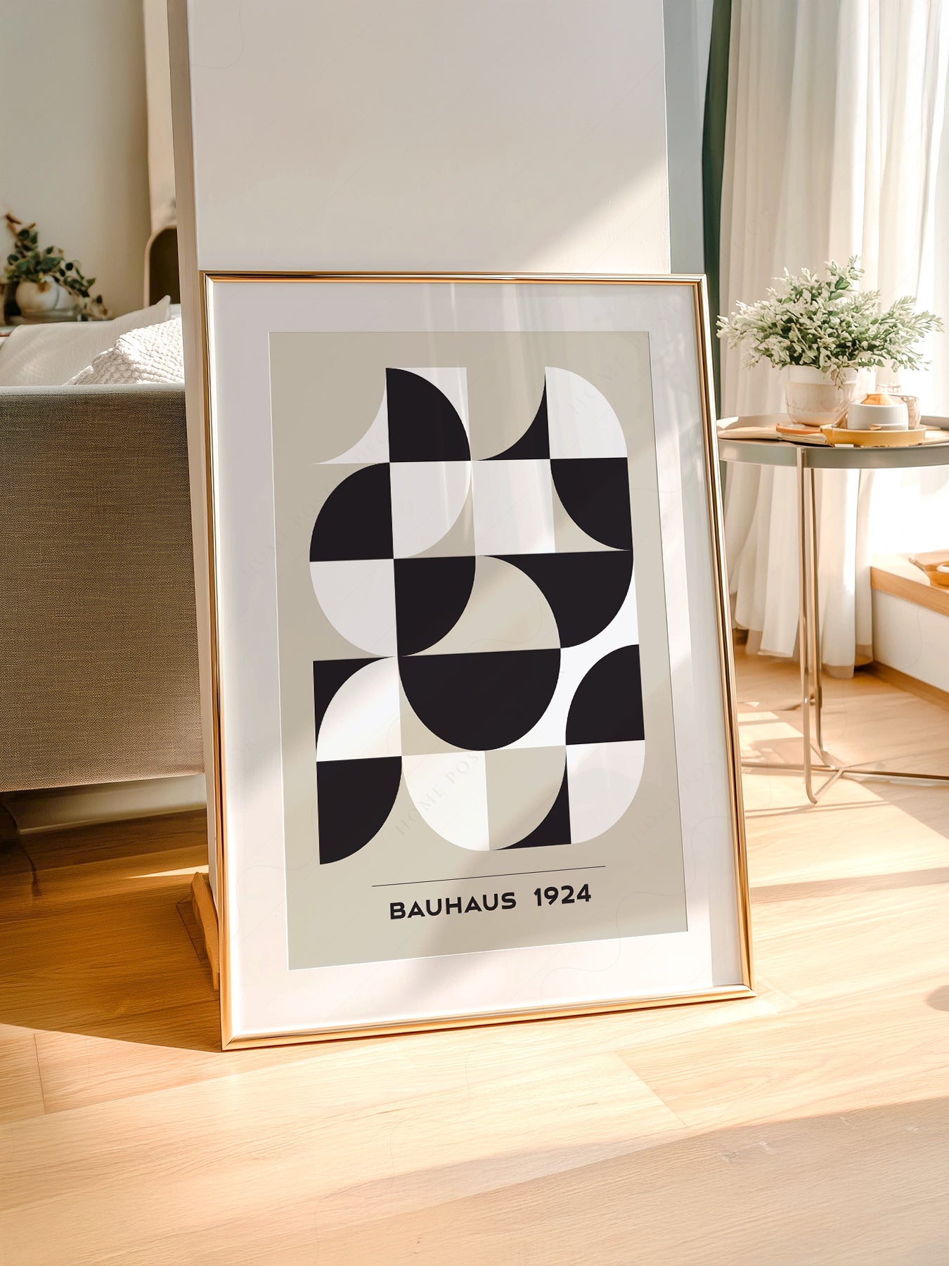 Bauhaus art print styled in a Scandinavian bedroom