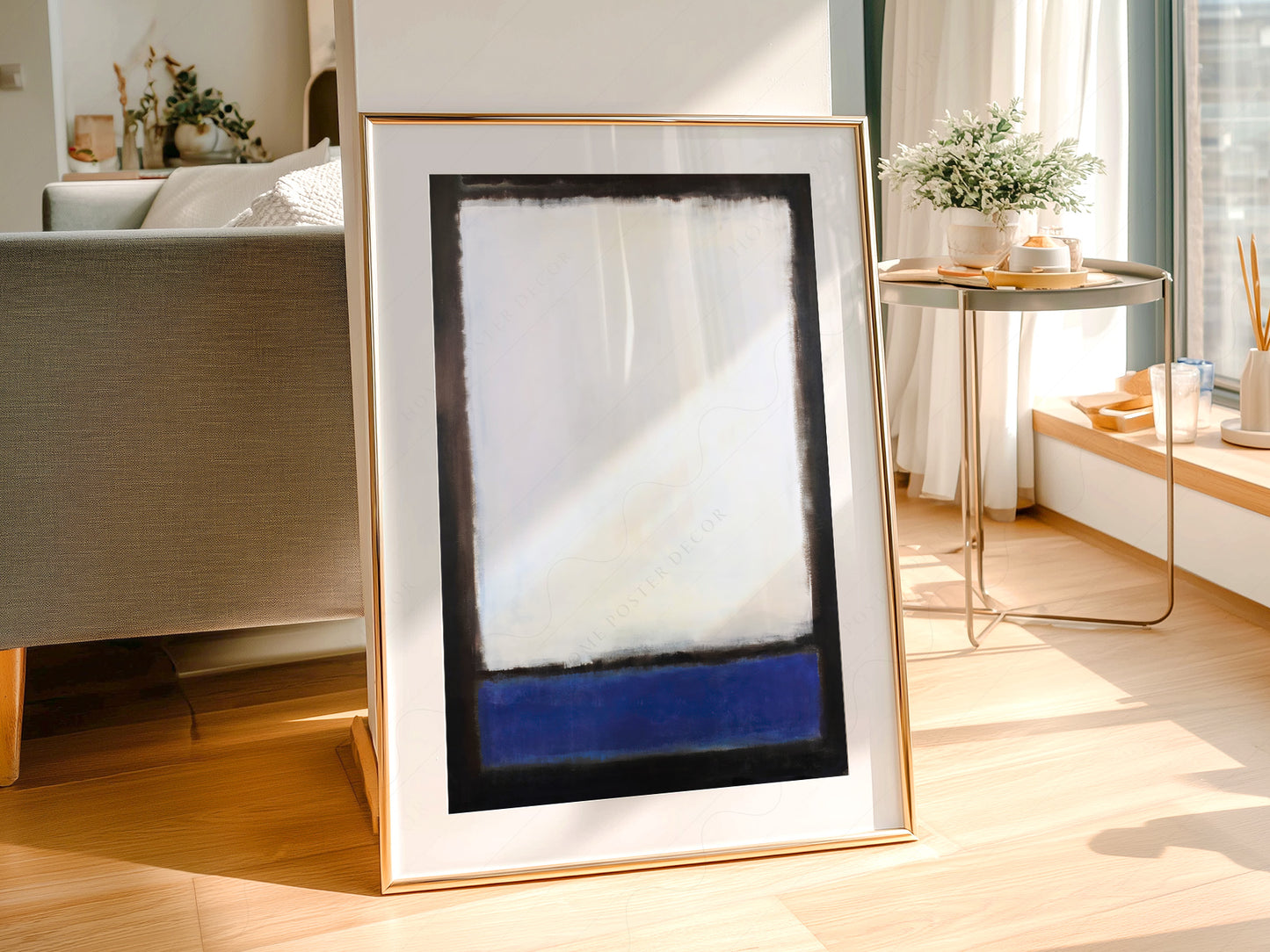 Mark Rothko Untitled Blue and White wall art print displayed in a bright modern living room