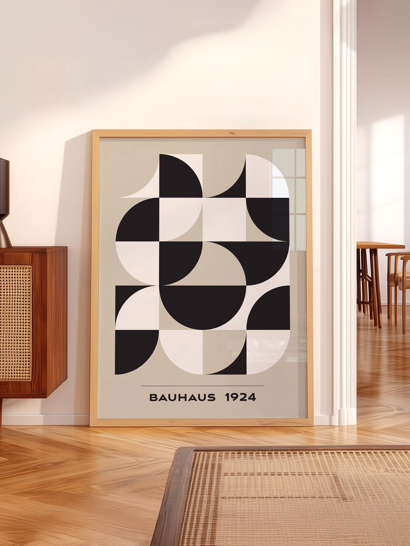 Bauhaus wall art in a cozy home study or reading room