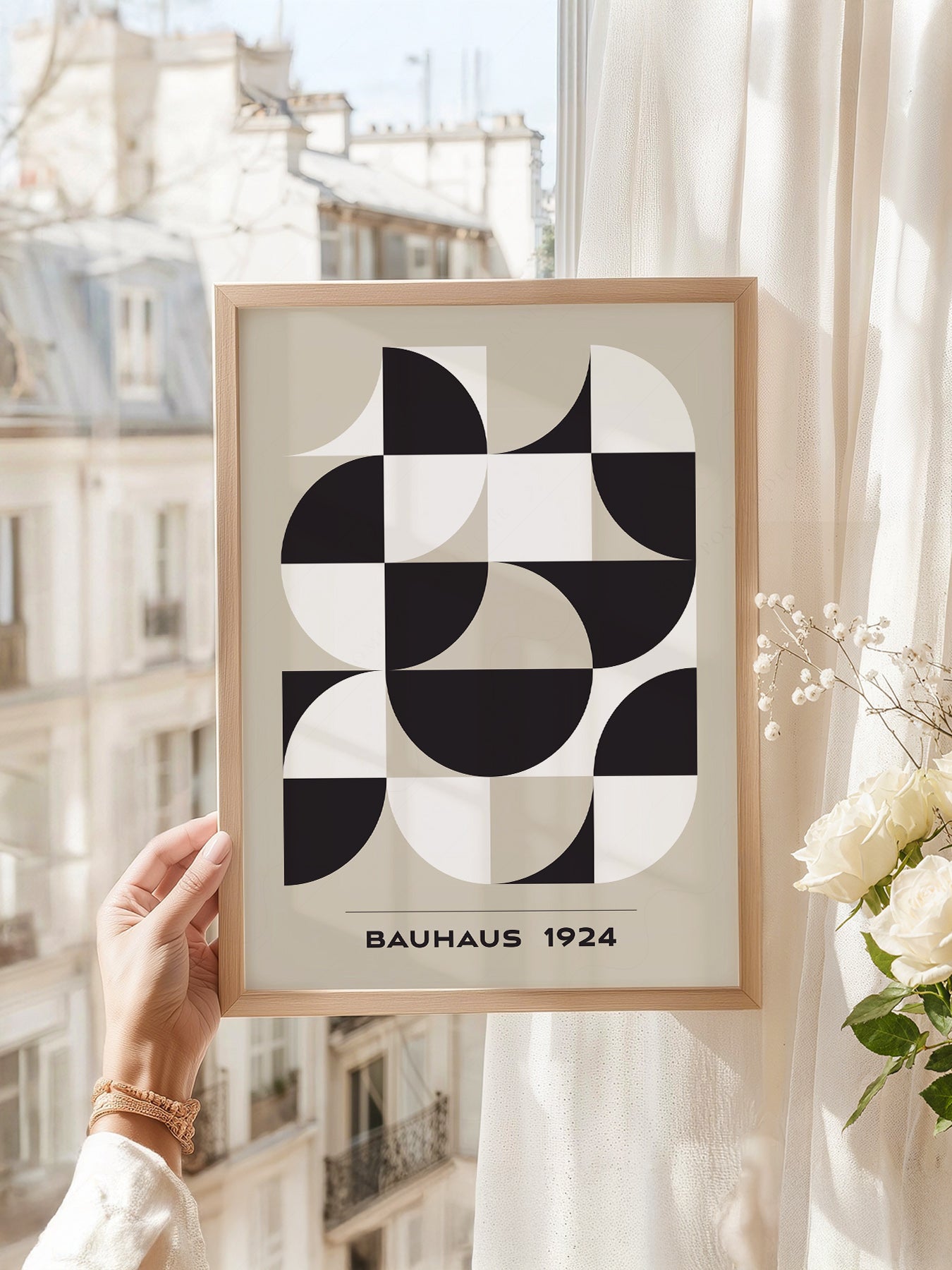 Bauhaus art print as wall decor in a minimalist home office