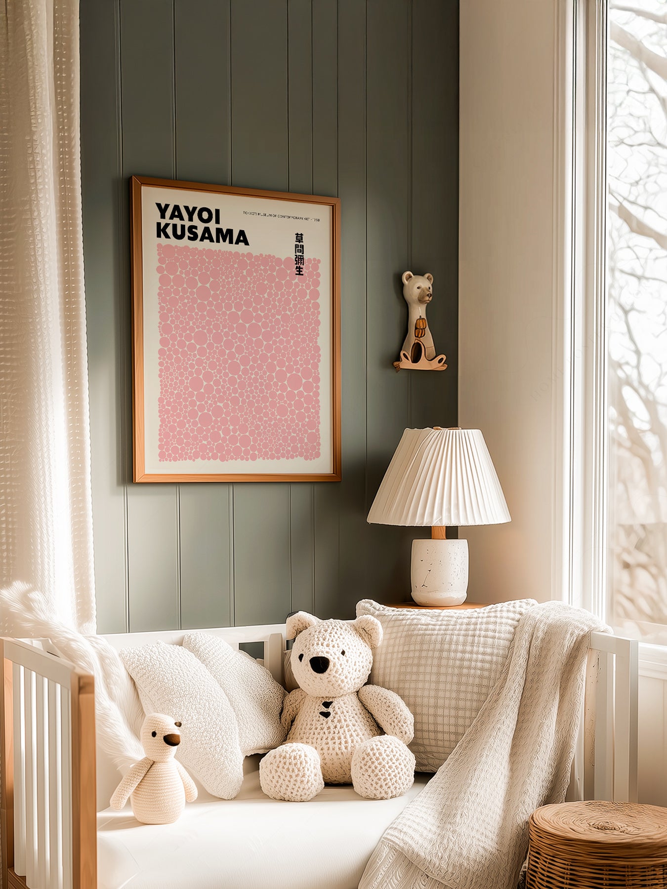 Yayoi Kusama Pink Dots in a light-filled Japandi-inspired living space