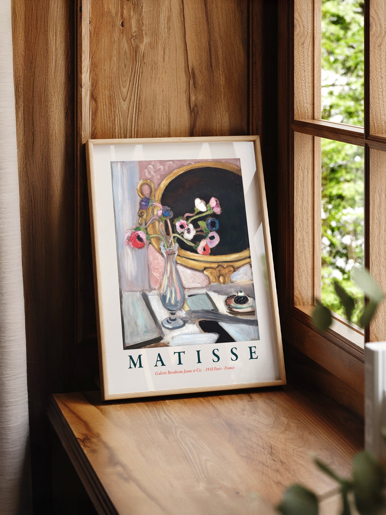 Henri Matisse Anemones with Black Mirror print styled in a mid-century modern dining room