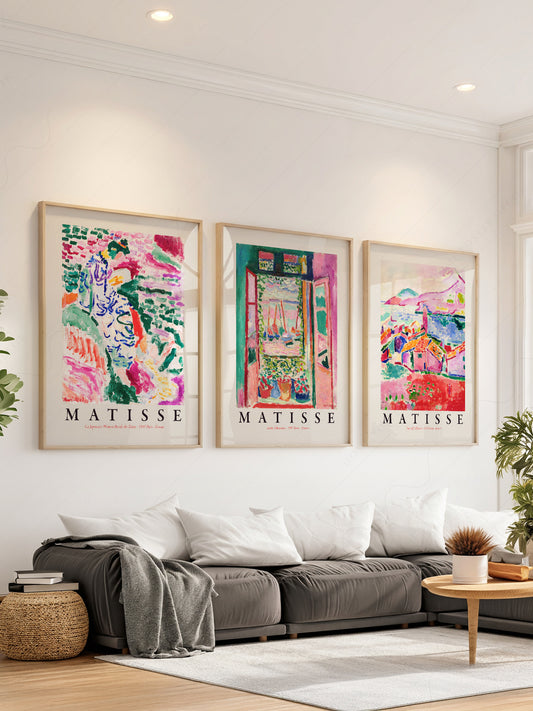 Henri Matisse gallery wall set of 3 art prints featuring The Open Window, View at Collioure, and La Japonaise in vibrant Fauvist colors.