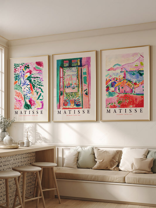 Henri Matisse Gallery Wall Set of 3 wall art print displayed in a bright modern living room