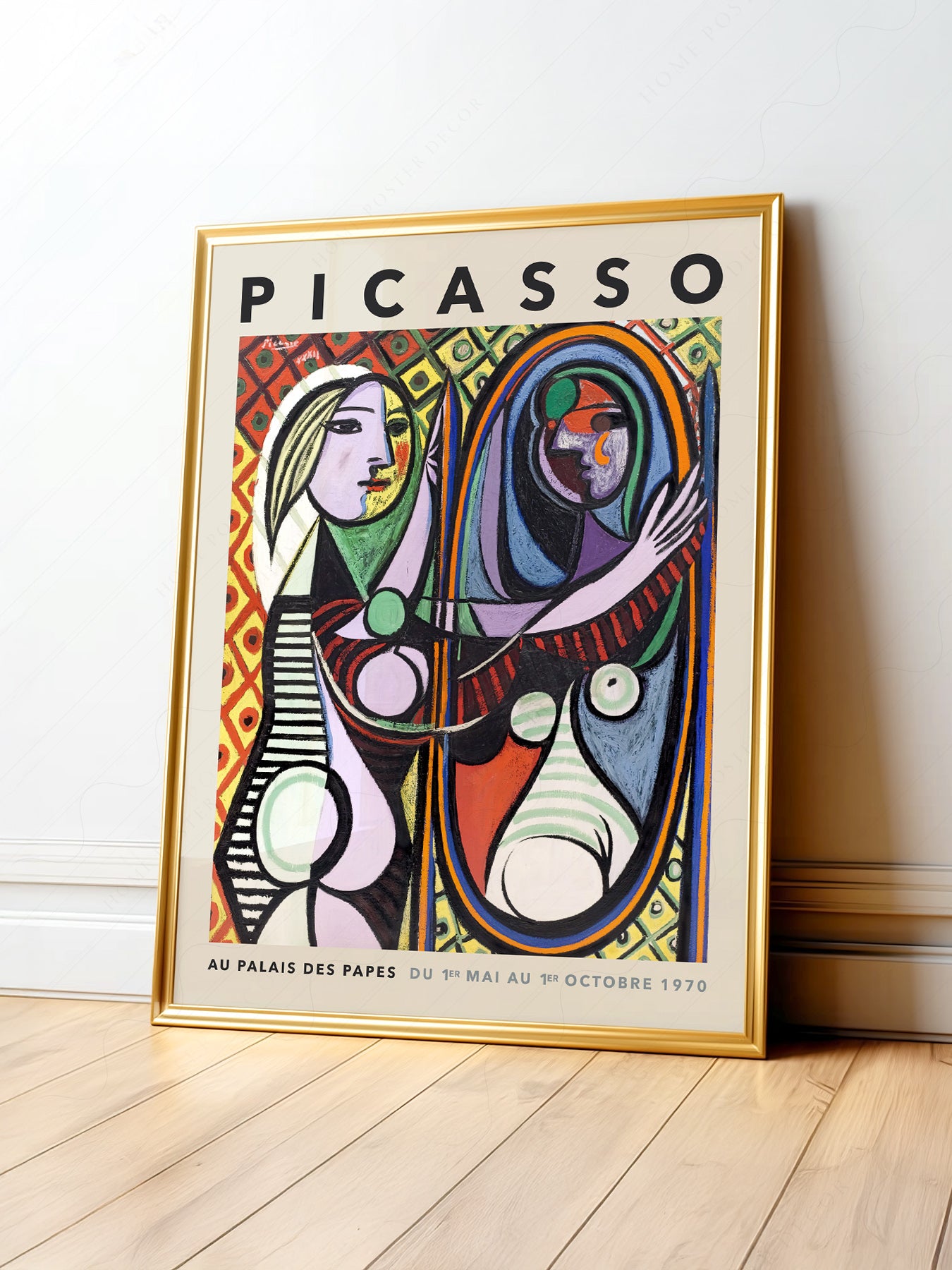 Pablo Picasso Girl Before a Mirror wall art print featuring a Cubist portrait with bold geometric forms and vibrant colors.