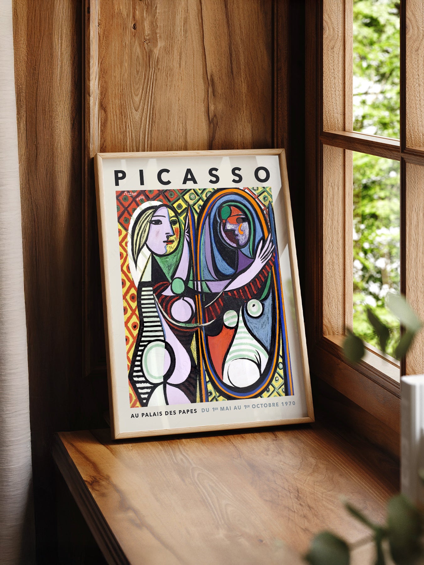 Pablo Picasso Girl Before a Mirror print styled in a mid-century modern dining room