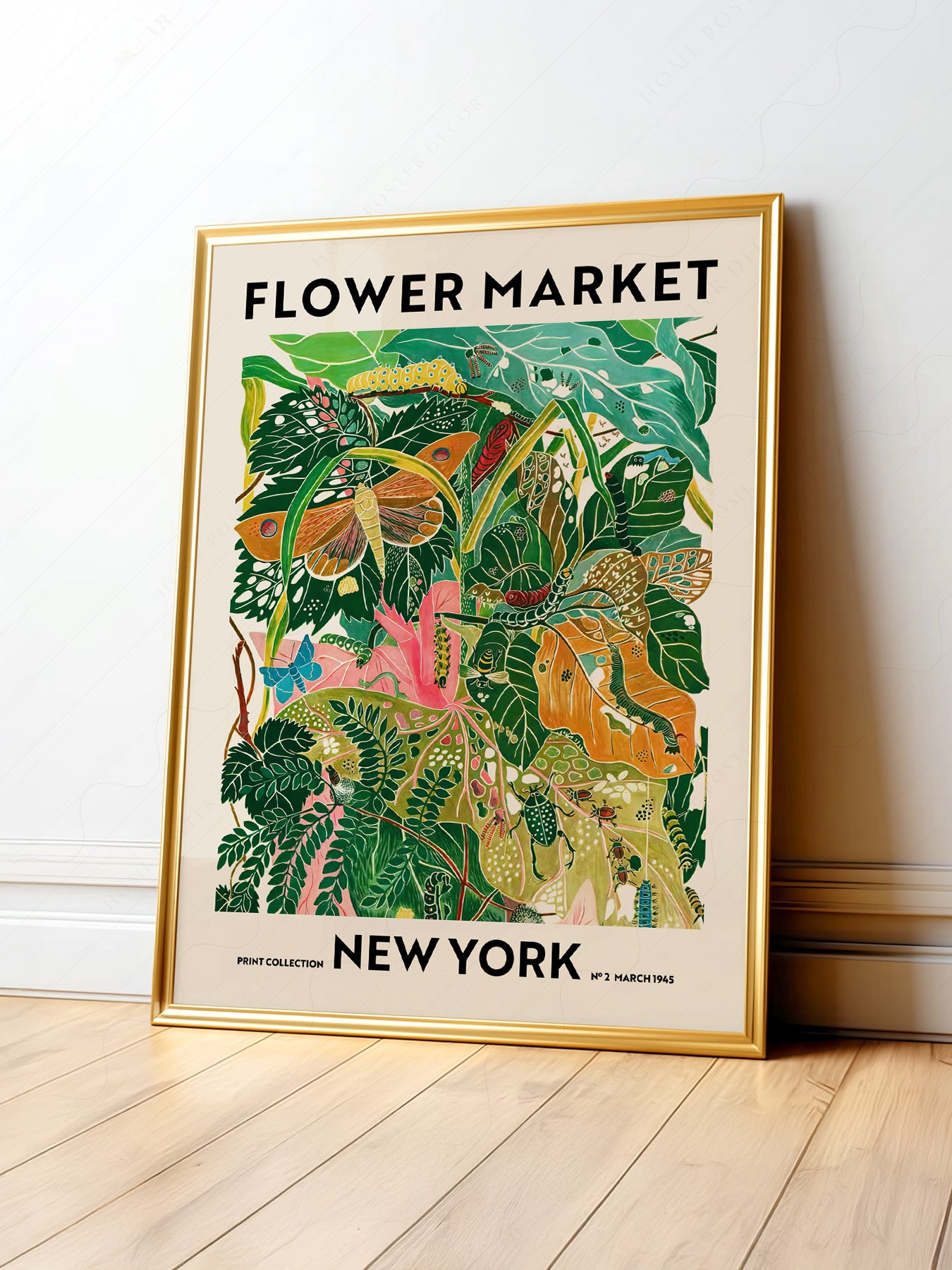 Flower Market New York wall art print featuring lush tropical leaves, butterflies, and vibrant botanical illustration.