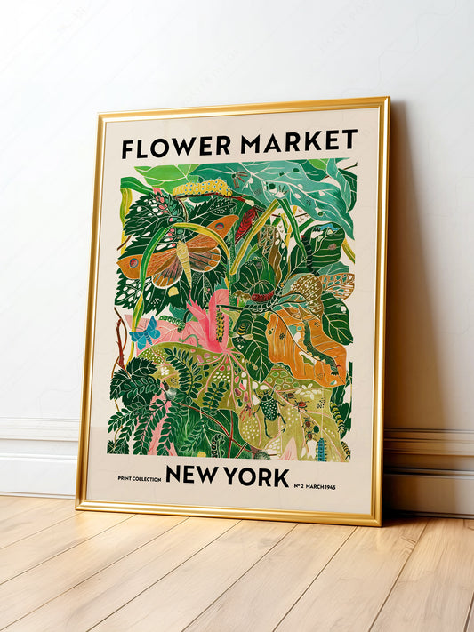 Flower Market New York wall art print featuring lush tropical leaves, butterflies, and vibrant botanical illustration.