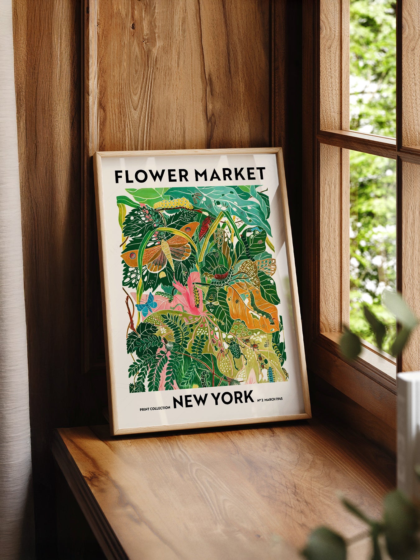 Flower Market New York print styled in a mid-century modern dining room