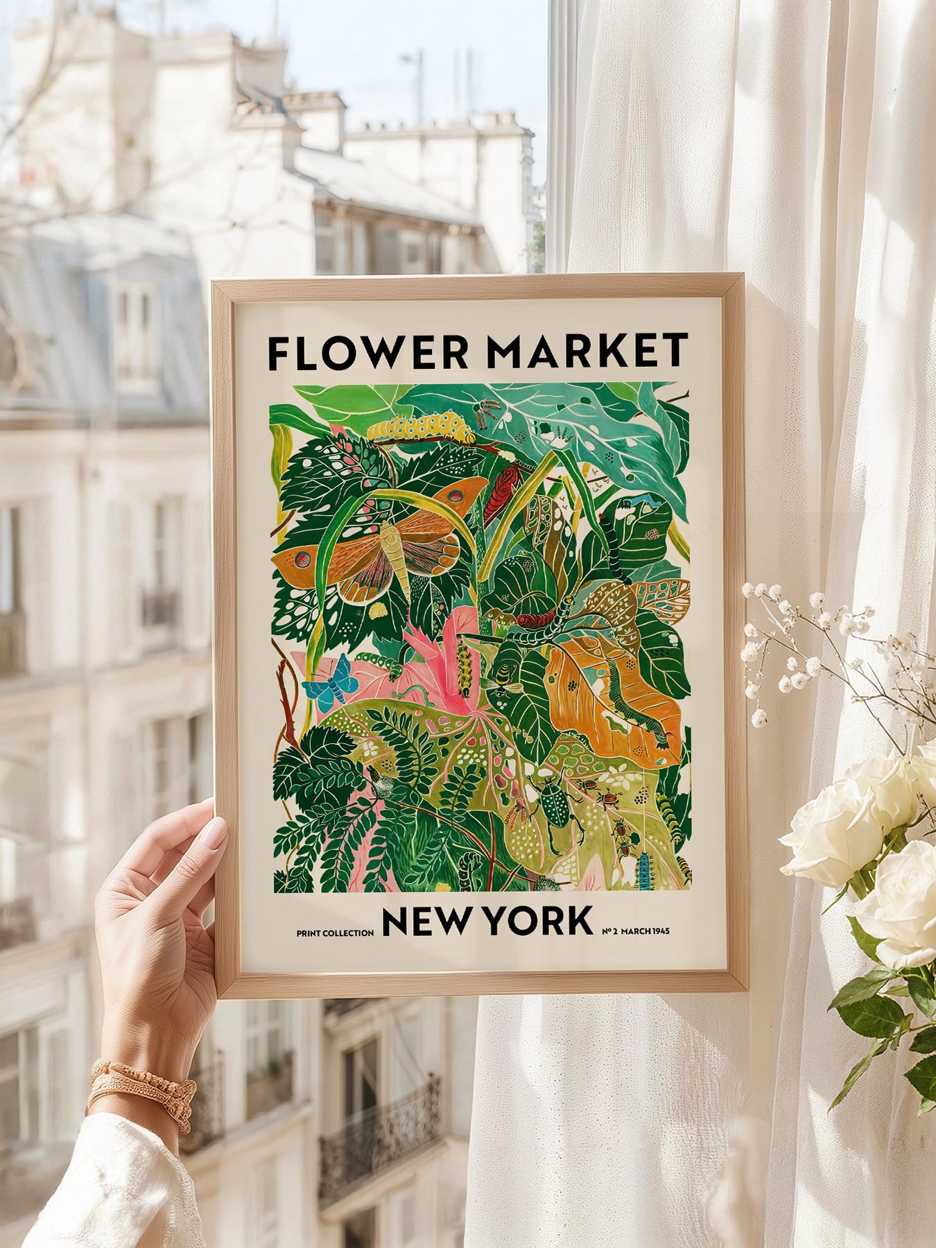 Flower Market New York art print as wall decor in a minimalist home office