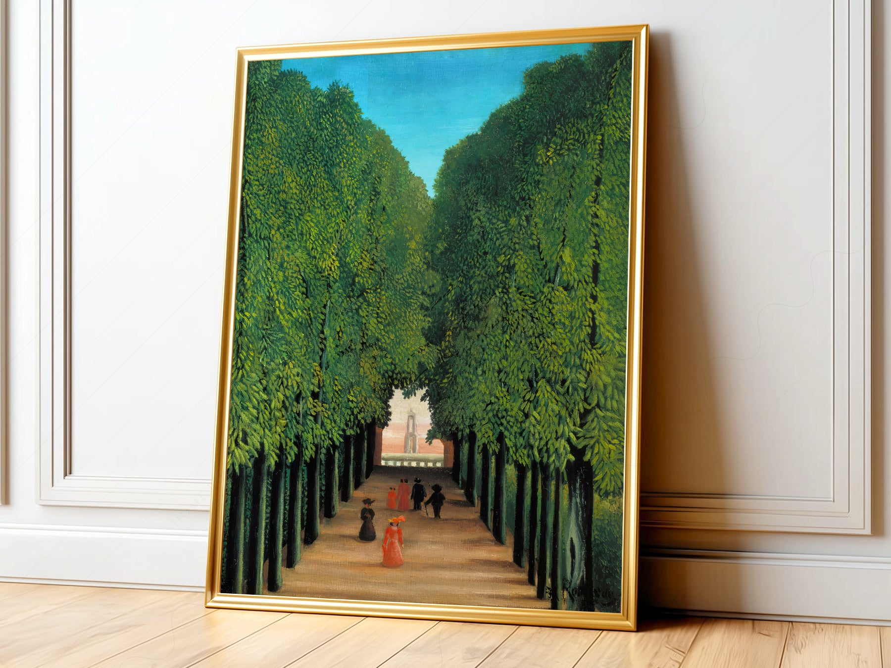 Henri Rousseau The Avenue in the Park at Saint Cloud art print featuring lush green trees and strolling figures.