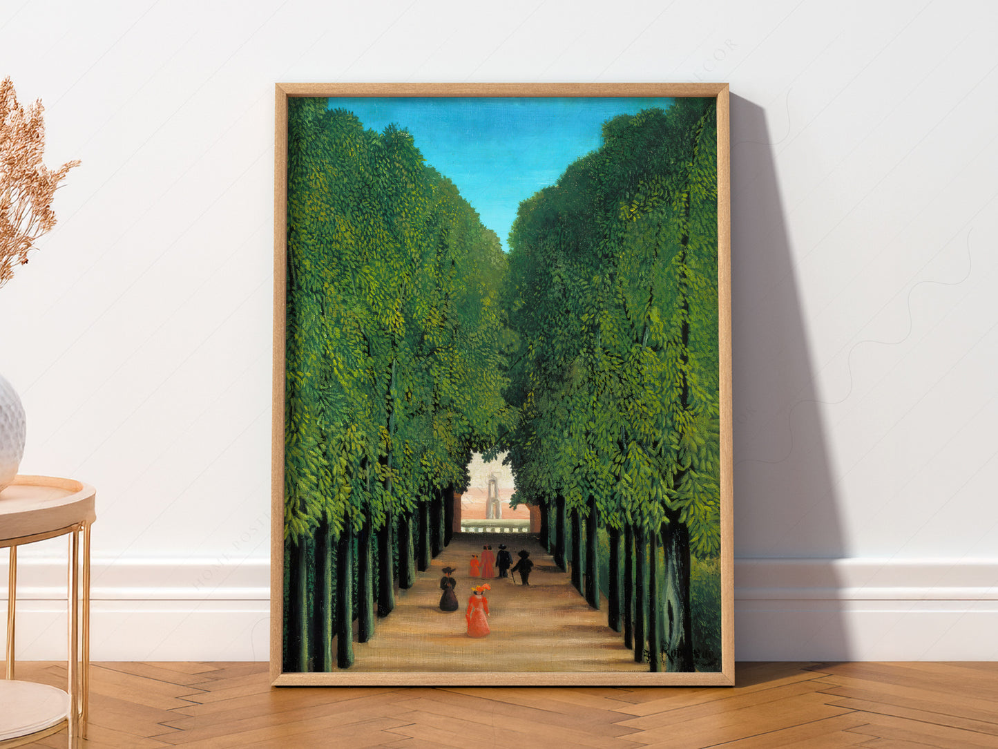 Henri Rousseau The Avenue in the Park print styled in a mid-century modern dining room