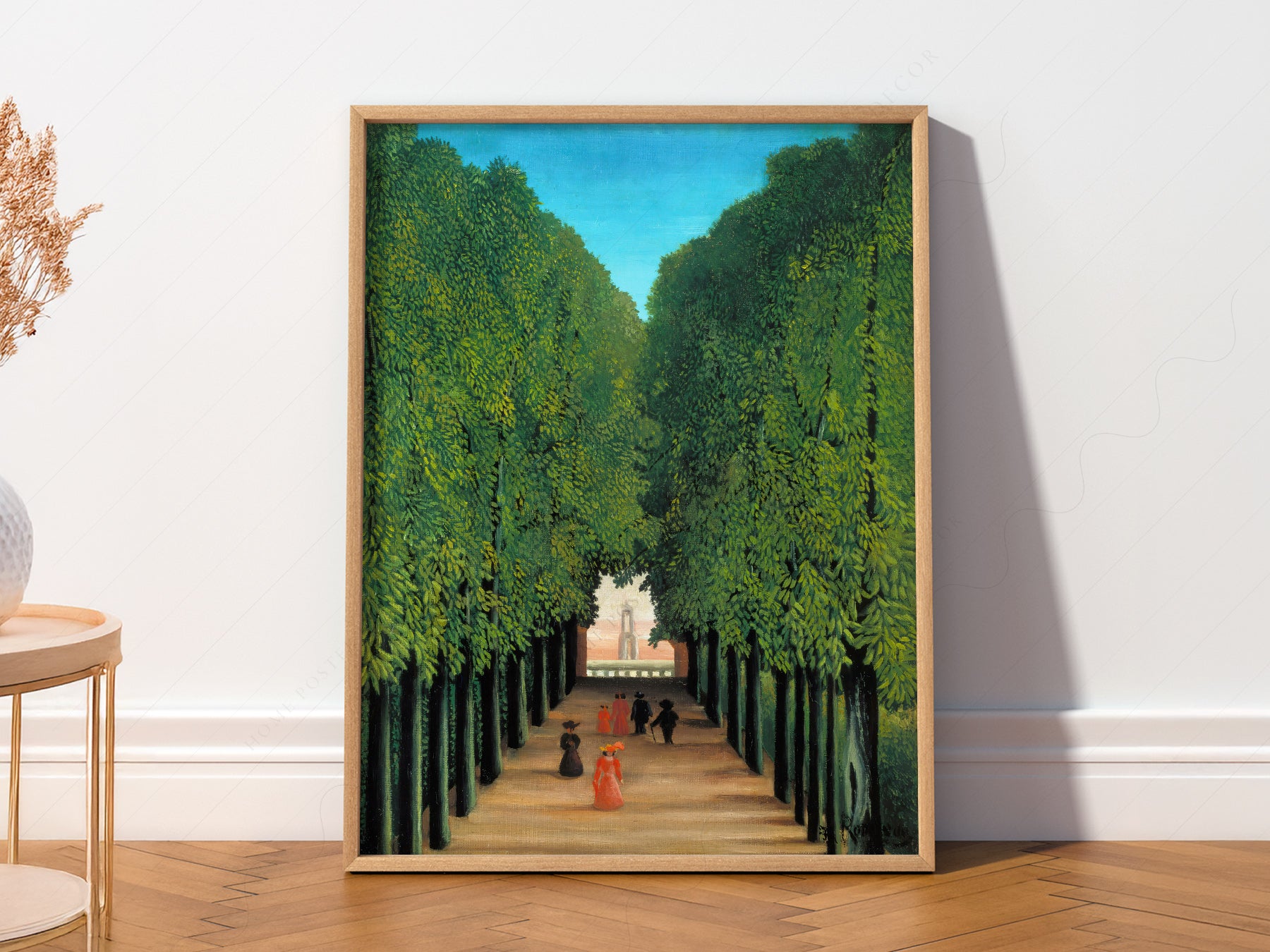 Henri Rousseau The Avenue in the Park print styled in a mid-century modern dining room