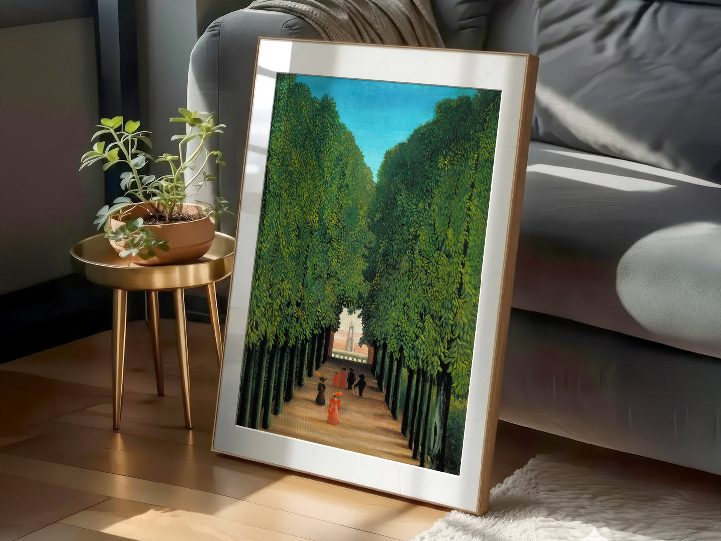 Henri Rousseau art print as wall decor in a minimalist home office