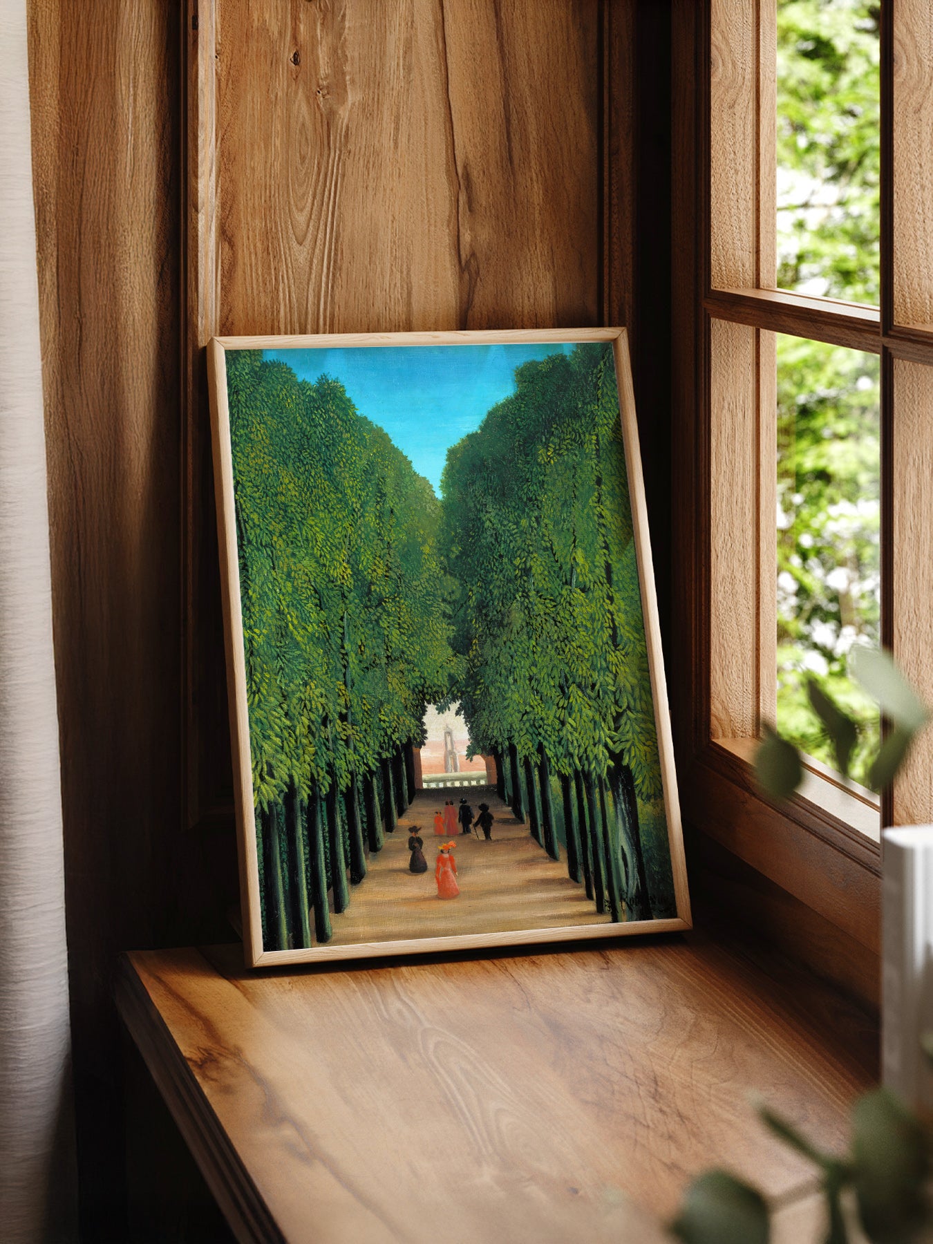 Henri Rousseau The Avenue in the Park print styled in a mid-century modern dining room