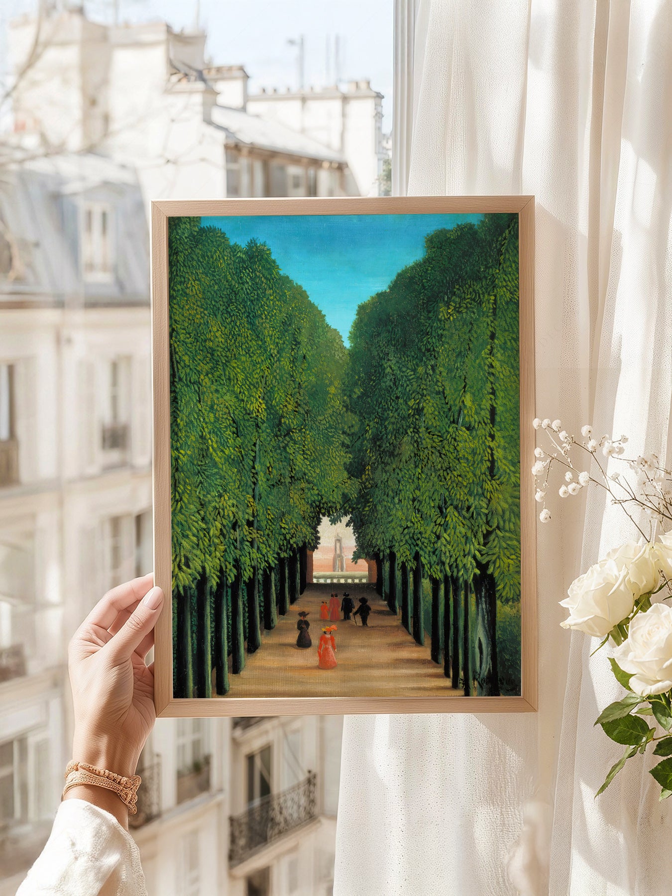 Henri Rousseau art print as wall decor in a minimalist home office