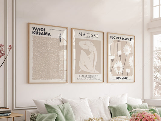 Henri Henri Matisse, Yayoi Kusamam Flower Market, Set of 3 Prints, Neutral Wall Decor