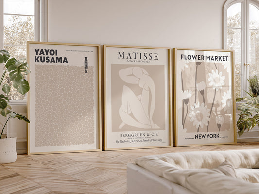 Henri Henri Matisse, Yayoi Kusamam Flower Market, Set of 3 Prints, Neutral Wall Decor