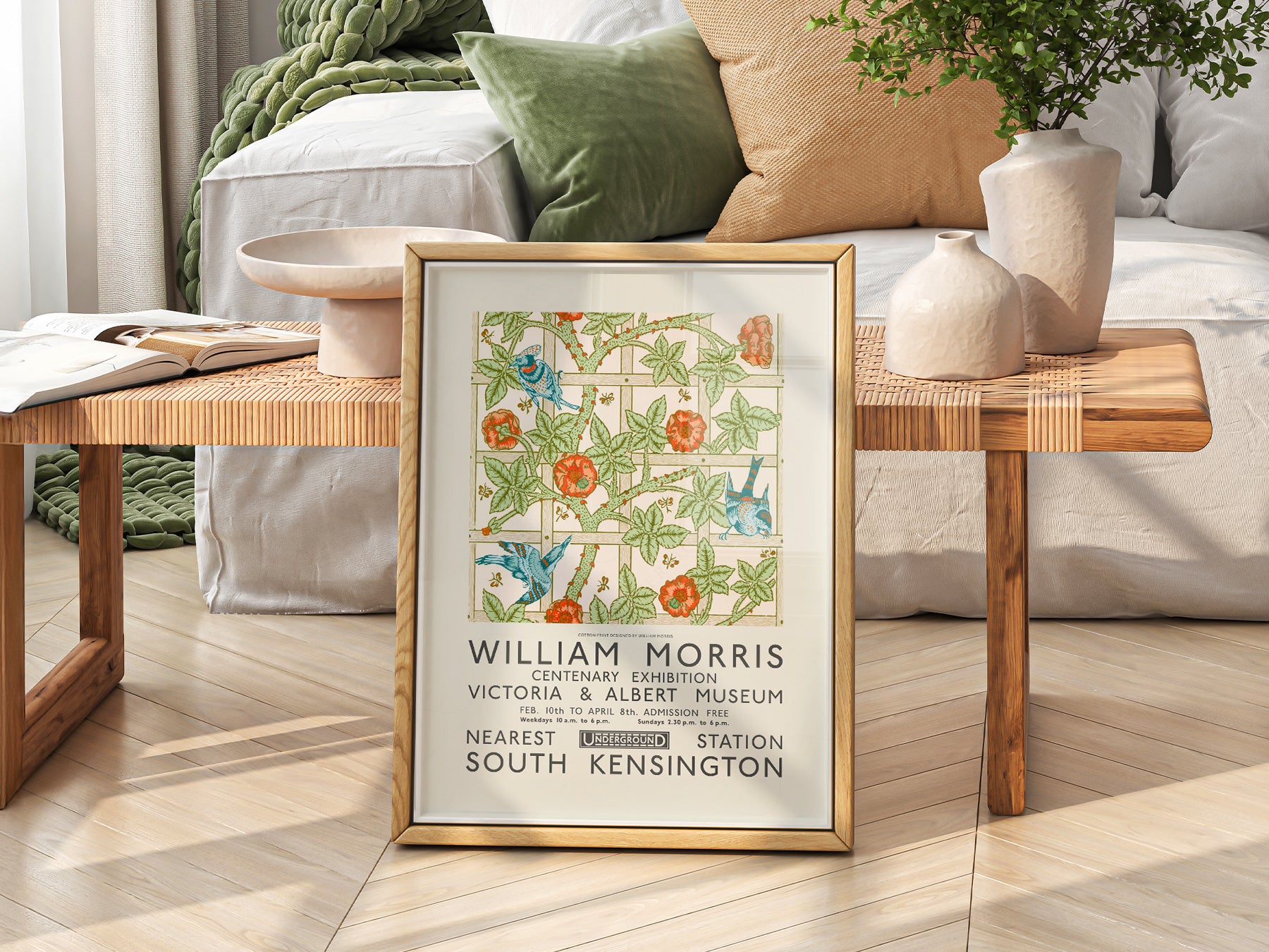 William Morris Trellis Exhibition in a light-filled Japandi-inspired living space