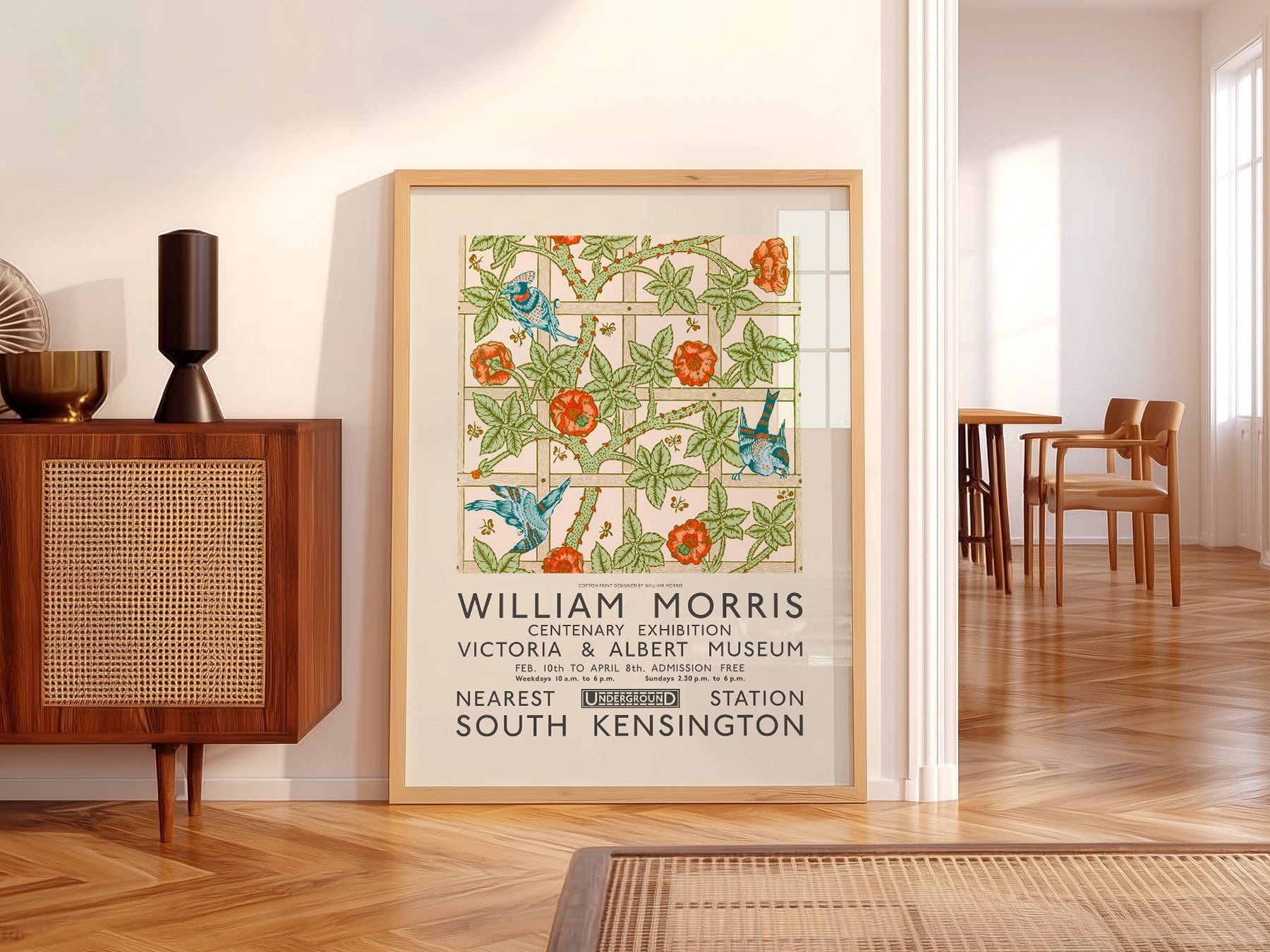 William Morris art print styled in a Scandinavian bedroom