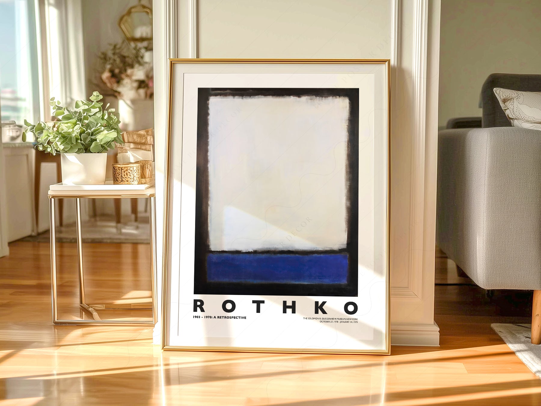 Mark Rothko Untitled Blue and White wall art print displayed in a bright modern living room
