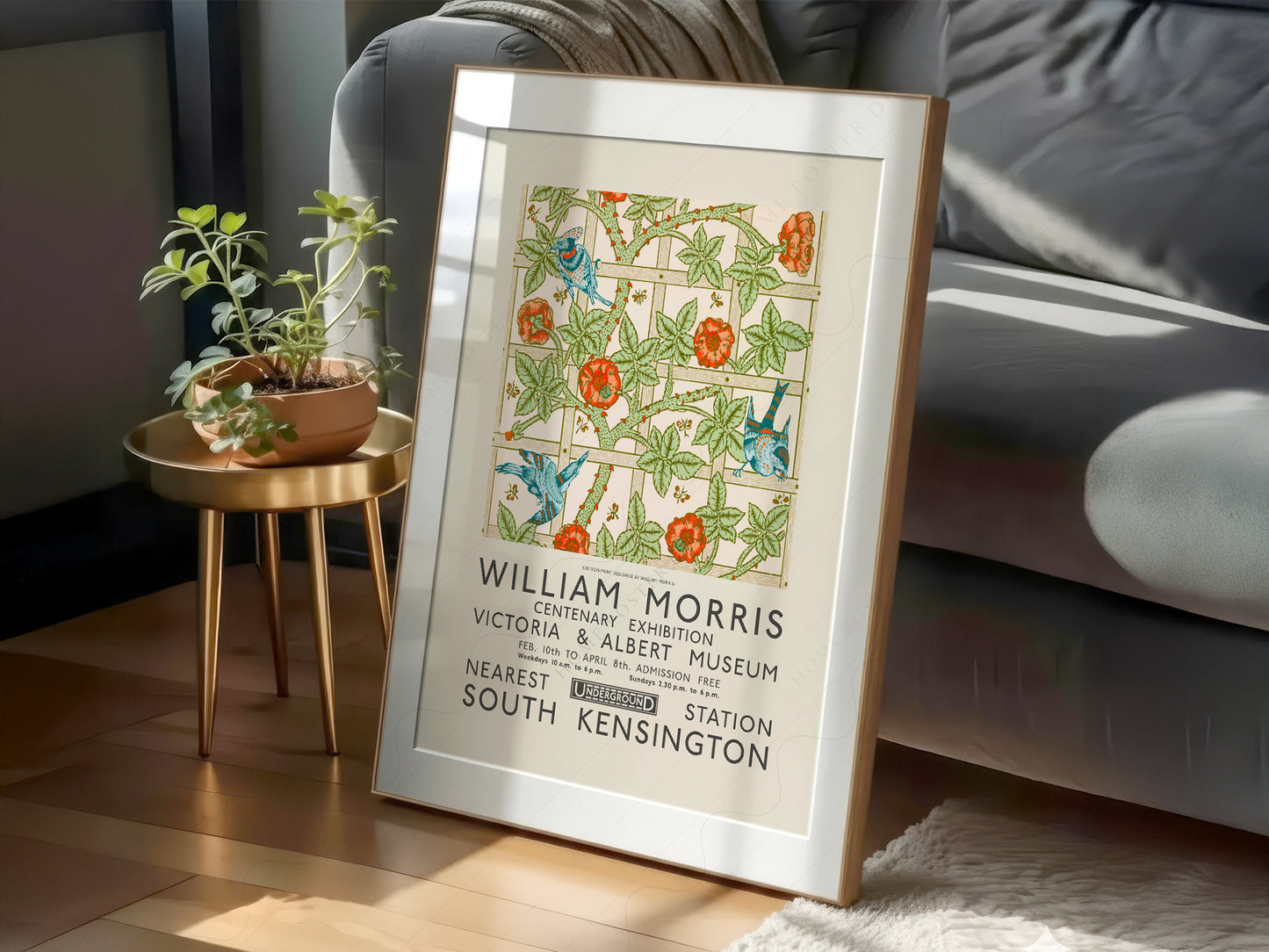 William Morris Trellis Exhibition print styled in a mid-century modern dining room